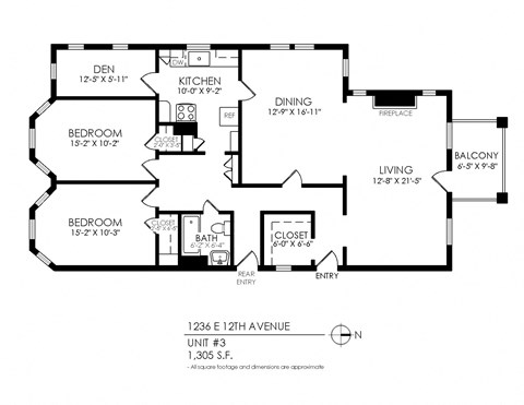 Floor plan for 2 beds, 1 bath, 1300 sqft